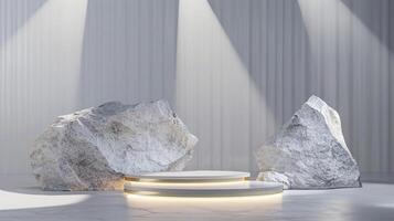 ai generiert ein Weiß und Gold von ein Natur Marmor Plattform umgeben durch Felsen. das Hintergrund ist geometrisch Stein und Felsen Form, minimalistisch Attrappe, Lehrmodell, Simulation zum Podium Anzeige Vitrine, Studio Zimmer foto