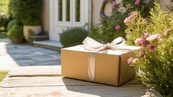 ai generiert elegant Geschenk Geschäft Lieferung, Post- Bedienung und Luxus online Einkaufen, Paket Box mit ein Bogen auf ein Haus Haustür im das Landschaft, generativ ai foto