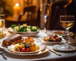 ai generiert Luxus Essen Service, Vorspeisen und Nachspeisen serviert beim ein Restaurant oder formal Abendessen Veranstaltung im klassisch Englisch Stil im das luxuriös Hotel oder Land Anwesen, generativ ai foto