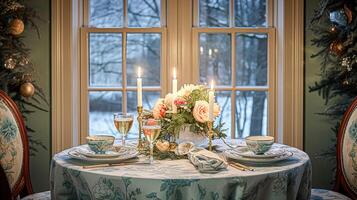 ai generiert festlich Datum Nacht Tischlandschaft Idee, Abendessen Tabelle Rahmen zum zwei und Weihnachten, Neu Jahr, Valentinsgrüße Tag Dekor, Englisch Land Zuhause Styling foto