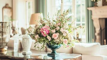 ai generiert Frühling Blumen im Jahrgang Vase, schön Blumen- Anordnung, Zuhause Dekor, Hochzeit und Florist Design foto