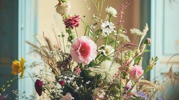 ai generiert Frühling Blumen im Jahrgang Vase, schön Blumen- Anordnung, Zuhause Dekor, Hochzeit und Florist Design foto