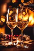ai generiert funkelnd Wein, Prosecco oder Champagner im Vorderseite von ein Kamin auf ein Urlaub Vorabend Feier, fröhlich Weihnachten, glücklich Neu Jahr und glücklich Ferien foto