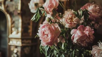 ai generiert Hochzeit Dekoration mit Pfingstrosen, Blumen- Dekor und Veranstaltung Feier, Pfingstrose Blumen und Hochzeit Zeremonie im das Garten, Englisch Land Stil foto