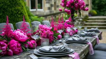 ai generiert Hochzeit Dekoration mit Pfingstrosen, Blumen- Dekor und Veranstaltung Feier, Pfingstrose Blumen und Hochzeit Zeremonie im das Garten, Englisch Land Stil foto