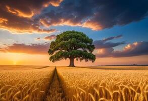 ai generiert breit Winkel Schuss von ein Single Baum wachsend unter ein bewölkt Himmel während ein Sonnenuntergang umgeben durch Gras foto