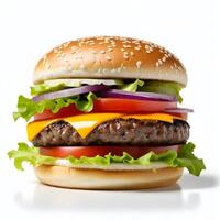 ai generiert lecker Burger isoliert auf Weiß Hintergrund frisch Hamburger Fast Food mit Rindfleisch und Käse foto