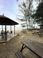 tropisch Pavillon mit Stühle auf tolle Strand Aussicht foto