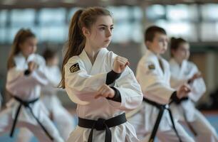 ai generiert ein jung Mädchen Praktiken Methoden Ausübungen Karate oder Taekwondo kriegerisch Künste. generativ ai. foto
