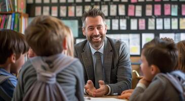 ai generiert ein gewidmet Lehrer vermittelt Wissen mit Begeisterung, umgeben durch aufmerksam Studenten. generativ ai. foto