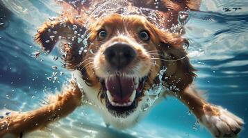 ai generiert ein glücklich Hund anmutig schwimmt, es ist Pelz fließend mögen Wasser- Wolken. generativ ai. foto
