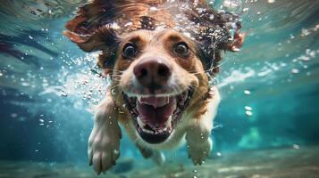 ai generiert ein glücklich Hund anmutig schwimmt, es ist Pelz fließend mögen Wasser- Wolken. generativ ai. foto