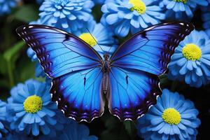 ai generiert schön stilisiert Blau Schmetterling auf natürlich Blumen Umfeld, ai generiert foto