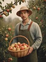 ai generiert ein Gärtner halten ein Korb gefüllt mit frisch gepflückt Äpfel, präsentieren das Kopfgeld von Frühling Ernten foto