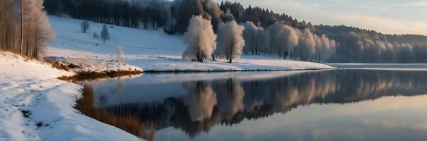 ai generiert Landschaft Winter Wald und Hügel mit Betrachtung im das Wasser. ai generativ foto