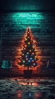 ai generiert ai generiert Neon- Weihnachten Baum Licht auf das Mauer foto