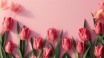 ai generiert Mutter Tag, Valentinstag Tag Hintergrund Konzept mit Tulpe Blume, leer Gruß Karte. foto