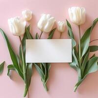 ai generiert Mutter Tag, Valentinstag Tag Hintergrund Konzept mit Tulpe Blume, leer Gruß Karte. foto