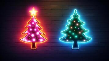 ai generiert ai generiert Neon- Weihnachten Baum Licht auf das Mauer foto