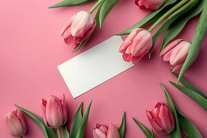 ai generiert Mutter Tag, Valentinstag Tag Hintergrund Konzept mit Tulpe Blume, leer Gruß Karte. foto