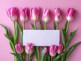 ai generiert Mutter Tag, Valentinstag Tag Hintergrund Konzept mit Tulpe Blume, leer Gruß Karte. foto