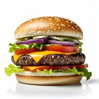 ai generiert lecker Burger isoliert auf Weiß Hintergrund frisch Hamburger Fast Food mit Rindfleisch und Käse foto