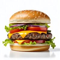 ai generiert lecker Burger isoliert auf Weiß Hintergrund frisch Hamburger Fast Food mit Rindfleisch und Käse foto