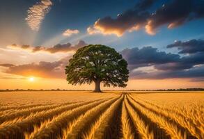 ai generiert breit Winkel Schuss von ein Single Baum wachsend unter ein bewölkt Himmel während ein Sonnenuntergang umgeben durch Gras foto