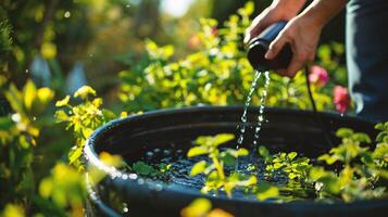 ai generiert Hände von ein Mann Gießen Wasser von ein Bewässerung können im ein Garten foto