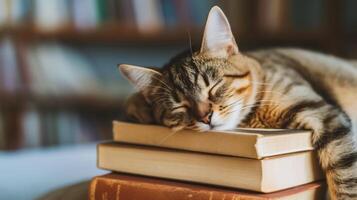 ai generiert süß Katze schläft auf ein Stapel von Bücher. das Katze ist Lügen auf das Bücher foto