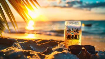 ai generiert Flasche von Sommer- auf das Strand beim Sonnenuntergang foto