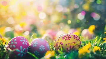 ai generiert Ostern Ei im das Gras mit Bokeh Hintergrund. glücklich Ostern foto