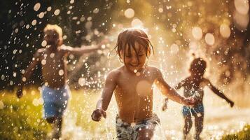 ai generiert glücklich Familie spielen mit Wasser und haben Spaß im das Sommer- Garten foto