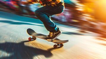 ai generiert Skateboardfahrer Reiten ein Skateboard auf ein Skatepark Rampe foto