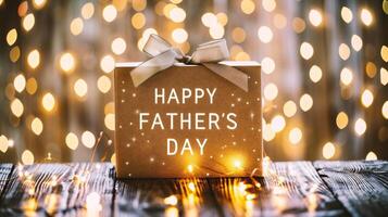 ai generiert glücklich Väter Tag Karte mit Geschenk Box auf Bokeh Beleuchtung Hintergrund foto