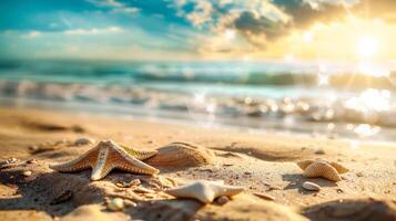 ai generiert Sommer- Hintergrund mit Muscheln auf das sandig Strand. Kopieren Raum foto