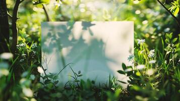 ai generiert leer Papier Blatt im das Gras mit Blumen. Jahrgang Stil. foto