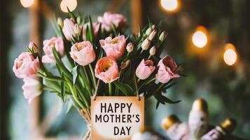 ai generiert glücklich Mutter Tag Gruß Karte. Strauß von Rosa Tulpen im ein Vase. foto