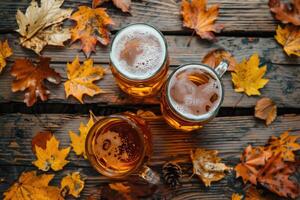 ai generiert Oktoberfest Bier und Essen auf hölzern Tisch, oben Aussicht eben legen, ai generiert foto