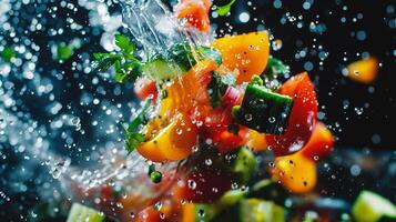 ai generiert frisch Gemüse Salat mit Wasser Spritzen auf dunkel Hintergrund. gesund Essen Konzept foto