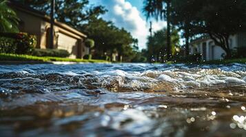 ai generiert Wasser planschen auf das Boden mit Gebäude im Hintergrund, flach Tiefe von Feld foto