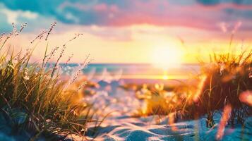 ai generiert Sommer. Sonnenuntergang auf das Strand foto