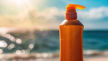 ai generiert Sonnenschutz Flasche auf das Strand beim Sonnenuntergang Zeit. Sonne Schutz Konzept foto