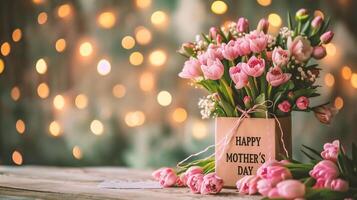 ai generiert Strauß von Tulpen im ein Vase und das Inschrift glücklich Mutter Tag foto