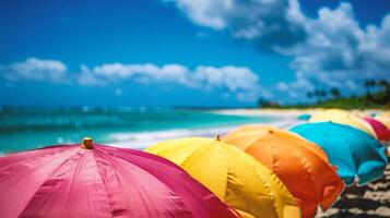 ai generiert bunt Regenschirme auf das Strand foto