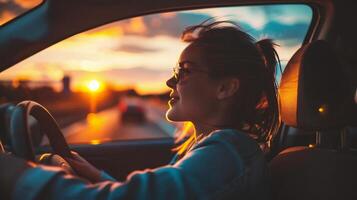 ai generiert jung Frau Fahren ein Auto beim Sonnenuntergang. Seite Aussicht von ein Mädchen Fahren ein Auto beim Sonnenuntergang. foto