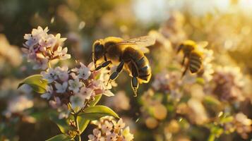 ai generiert Biene auf Gelb Blume im Natur. Makro Schuss foto