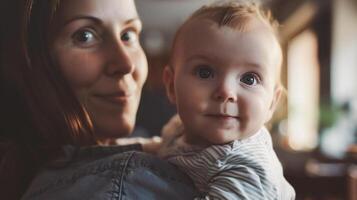 ai generiert Porträt von glücklich Mutter und ihr bezaubernd wenig Baby Junge beim Zuhause foto