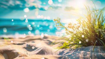 ai generiert Grün Gras auf das Strand mit Bokeh Sonne Licht Hintergrund. foto