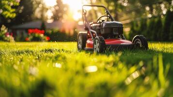 ai generiert Rasen Mäher auf Grün Gras im das Garten. Gartenarbeit Konzept. foto